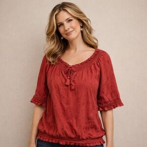 Lucky Brand Womens L Rust Boho Smocked Embroidered Blouse Top Casual Work Summer